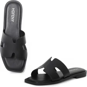 Womens Slip On Flat Sandals Soft Leather Open Toe Slide for Summer Dressy