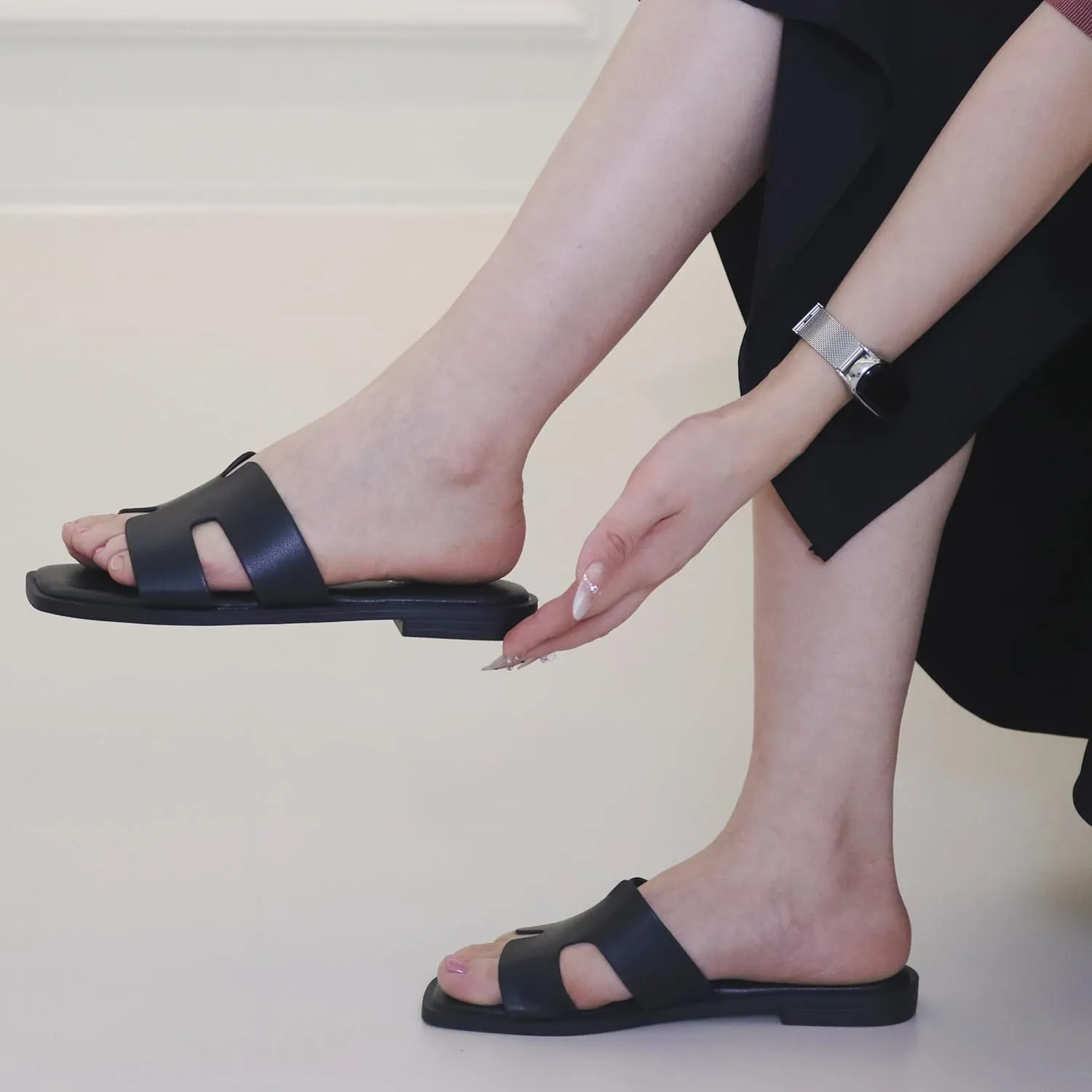 Womens Slip On Flat Sandals Soft Leather Open Toe Slide for Summer Dressy