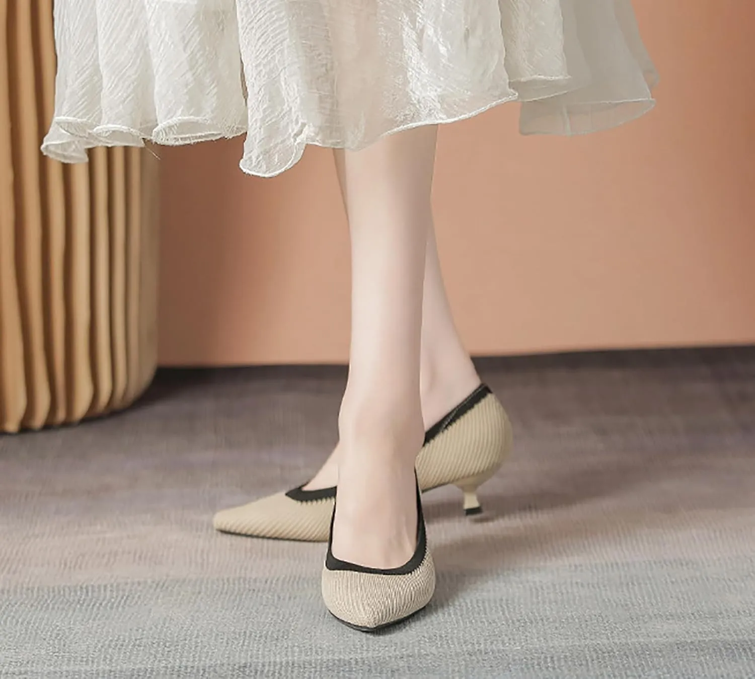 Women'S Slip On Kitten Heel Formal Dress Shoes,Pointed Toe Knitted Foldable Comfortable Work Office Pumps