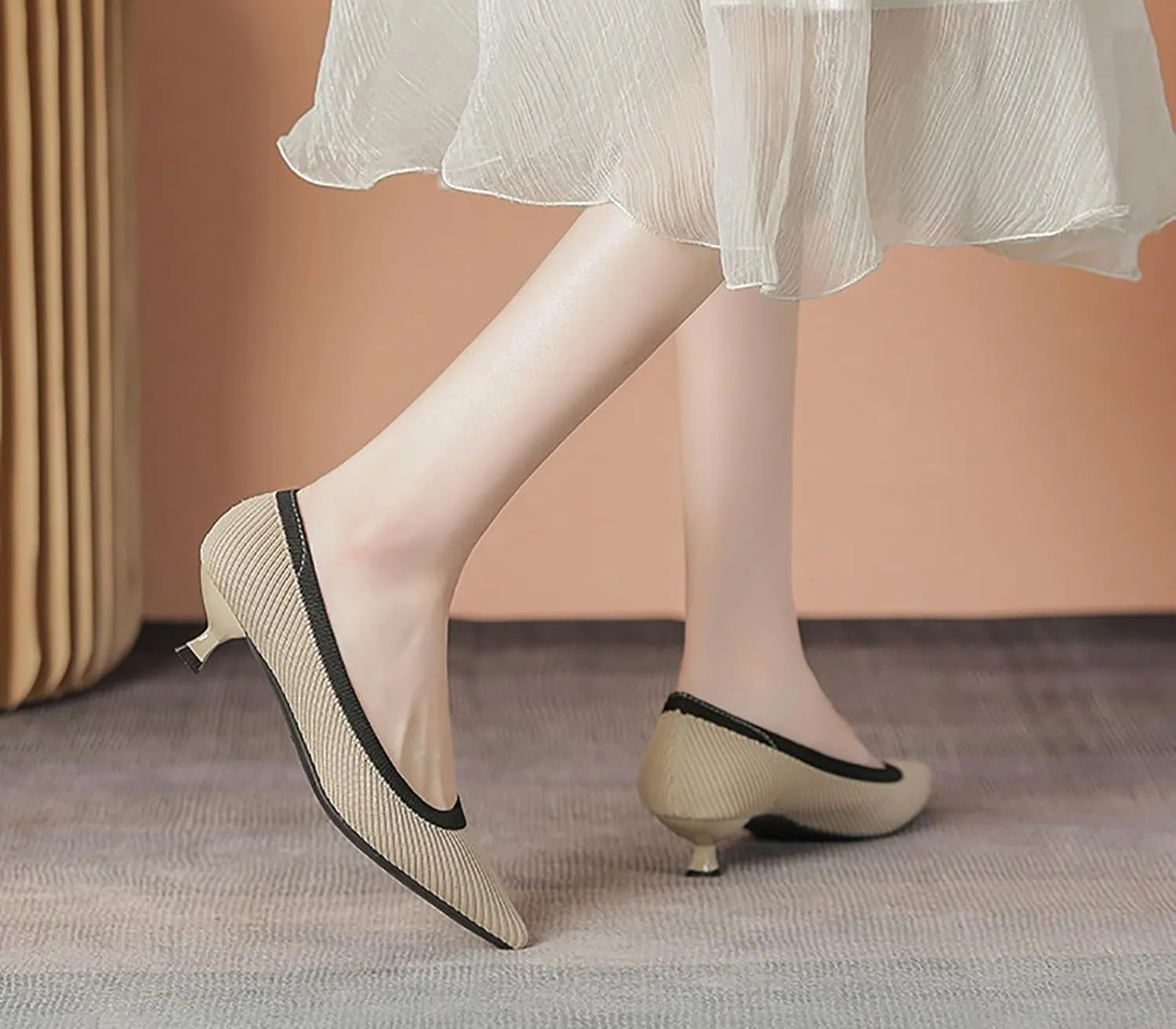 Women'S Slip On Kitten Heel Formal Dress Shoes,Pointed Toe Knitted Foldable Comfortable Work Office Pumps