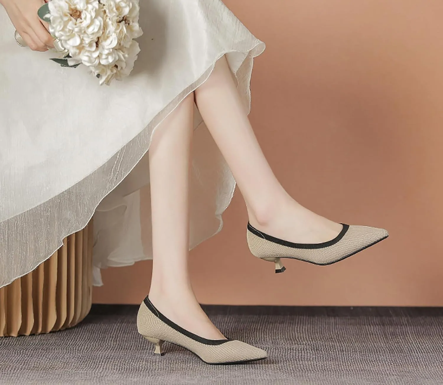 Women'S Slip On Kitten Heel Formal Dress Shoes,Pointed Toe Knitted Foldable Comfortable Work Office Pumps