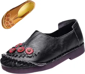 Women's Slip On Leather Casual Dress Shoes,Comfort Vintage Handmade Flowers Cut Non-slip Ox Soft Sole Walking Loafers