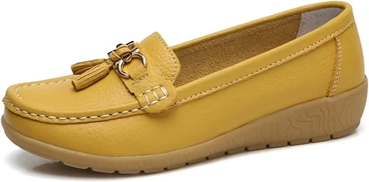 Womens Slip On Penny Loafers Soft Cow Casual Leather Moccasin Boat Shoes Non-Slip Wedge Dress Shoe