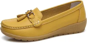 Womens Slip On Penny Loafers Soft Cow Casual Leather Moccasin Boat Shoes Non-Slip Wedge Dress Shoe