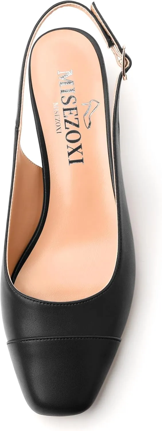 Womens Sqaure Toe Block Heel Slingback Pumps