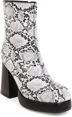 Women's Square Toe Ankle Boots, Chunky Heel Platform Booties, Side Zipper High Heel Go-Go Boots