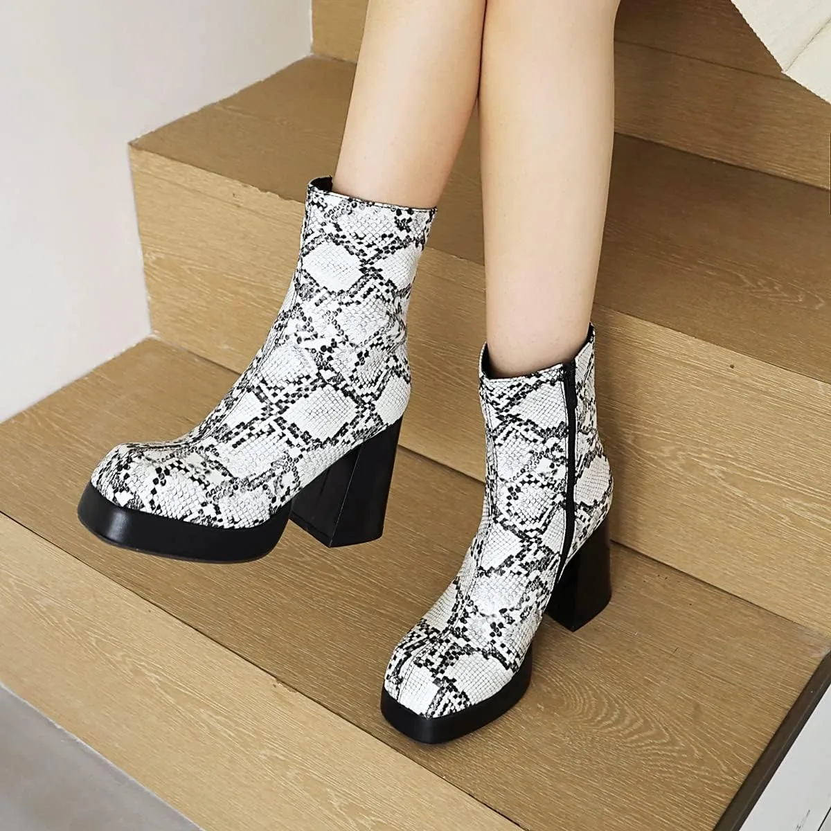 Women's Square Toe Ankle Boots, Chunky Heel Platform Booties, Side Zipper High Heel Go-Go Boots