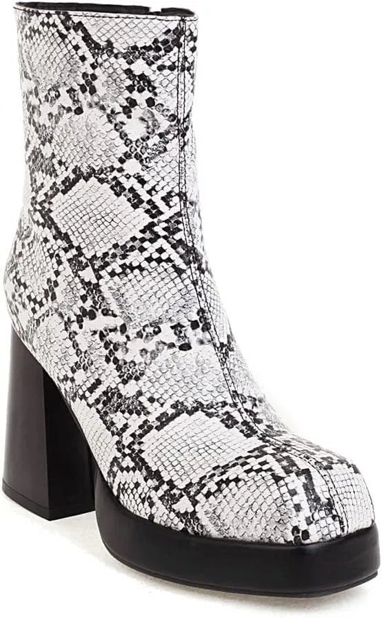 Women's Square Toe Ankle Boots, Chunky Heel Platform Booties, Side Zipper High Heel Go-Go Boots