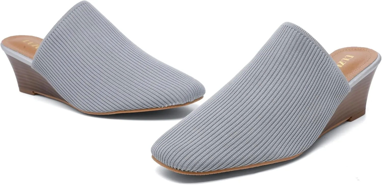 Womens Stacked Heel Wedges Knitted Heeled Mules,Ladies High Heel Slip on Comfortable Trendy Dressy Casual Fancy Holiday Going Out Everyday Crochet Elegant Shoe