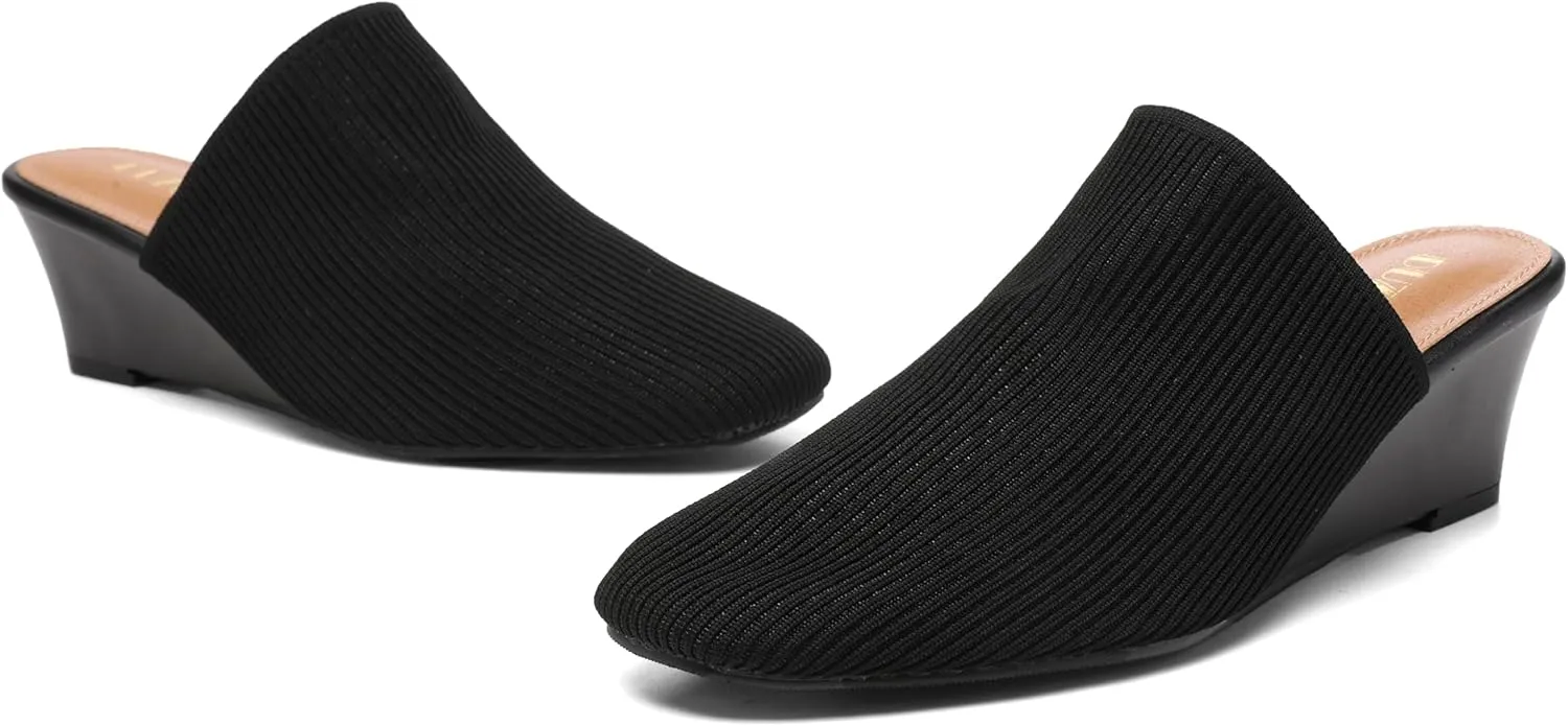 Womens Stacked Heel Wedges Knitted Heeled Mules,Ladies High Heel Slip on Comfortable Trendy Dressy Casual Fancy Holiday Going Out Everyday Crochet Elegant Shoe