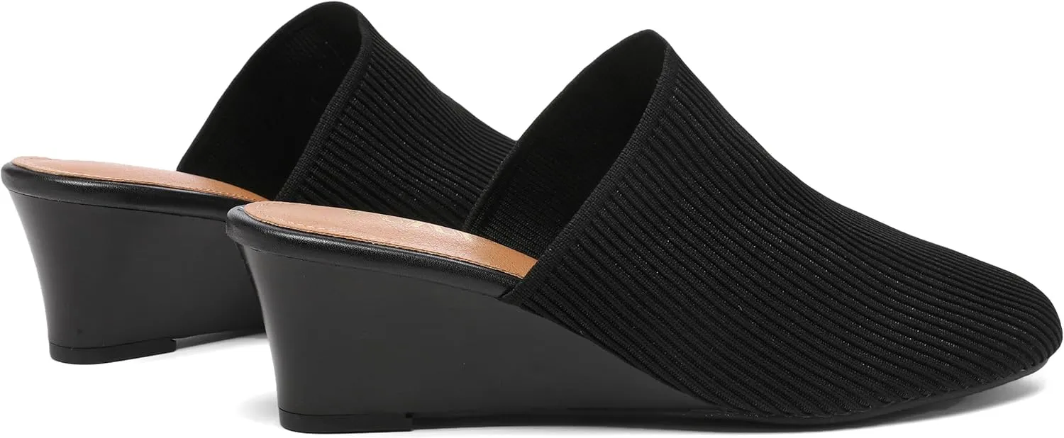 Womens Stacked Heel Wedges Knitted Heeled Mules,Ladies High Heel Slip on Comfortable Trendy Dressy Casual Fancy Holiday Going Out Everyday Crochet Elegant Shoe