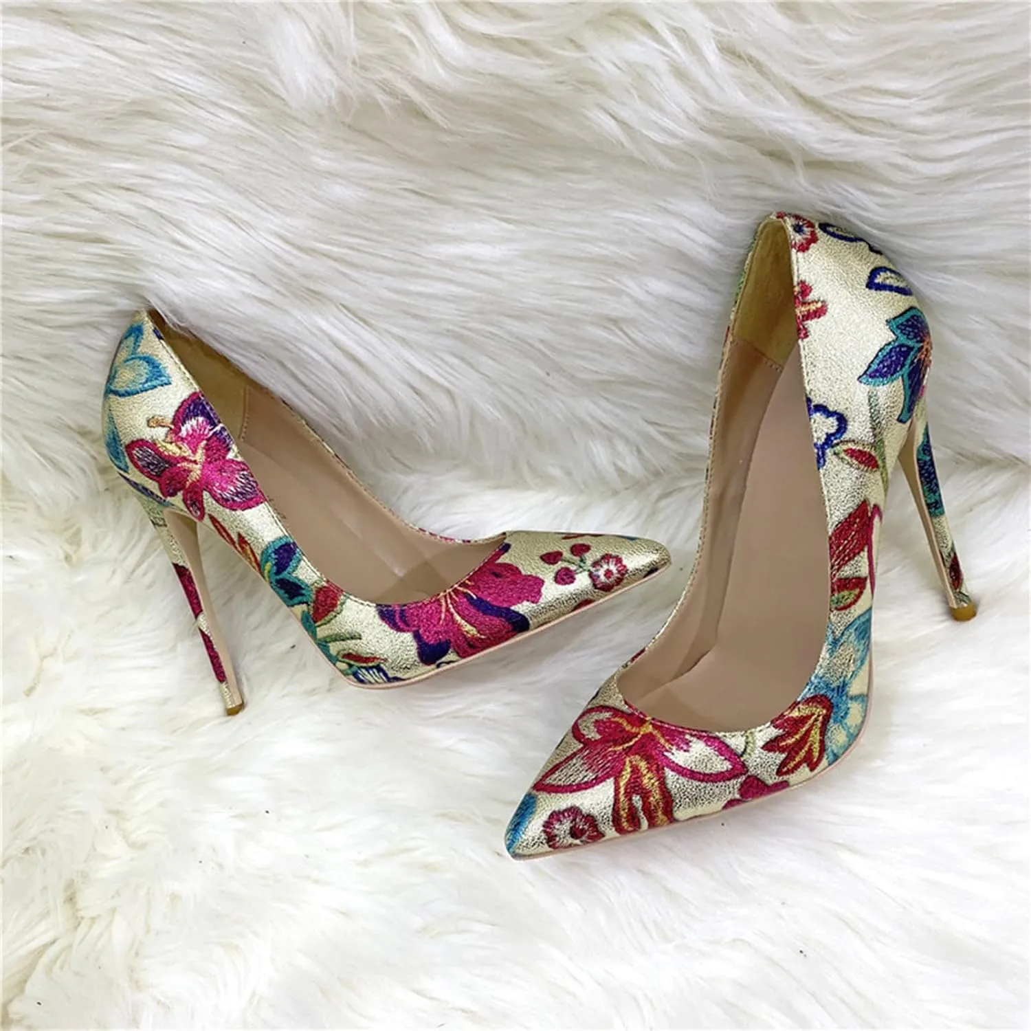Women's Stiletto Court Shoes 12CM Embroidered Graffiti Elegant Classic Slip-on Pumps Ladies Pointy Closed Toe High Heels Suitable for Banquets