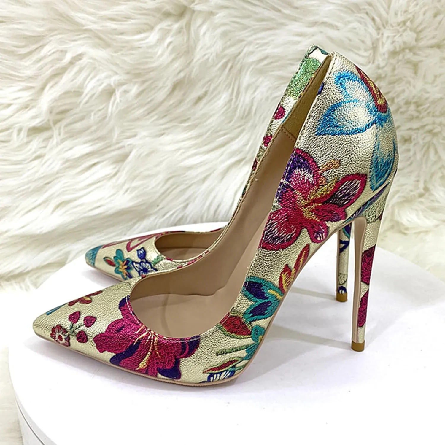Women's Stiletto Court Shoes 12CM Embroidered Graffiti Elegant Classic Slip-on Pumps Ladies Pointy Closed Toe High Heels Suitable for Banquets