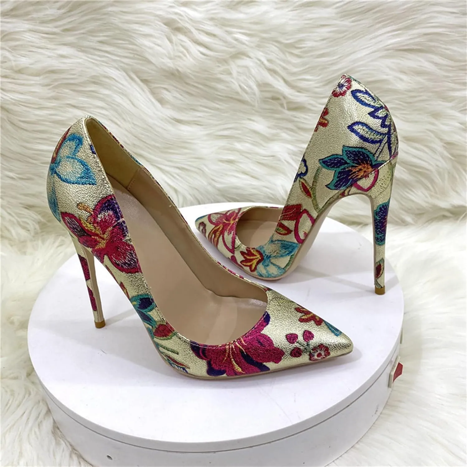 Women's Stiletto Court Shoes 12CM Embroidered Graffiti Elegant Classic Slip-on Pumps Ladies Pointy Closed Toe High Heels Suitable for Banquets