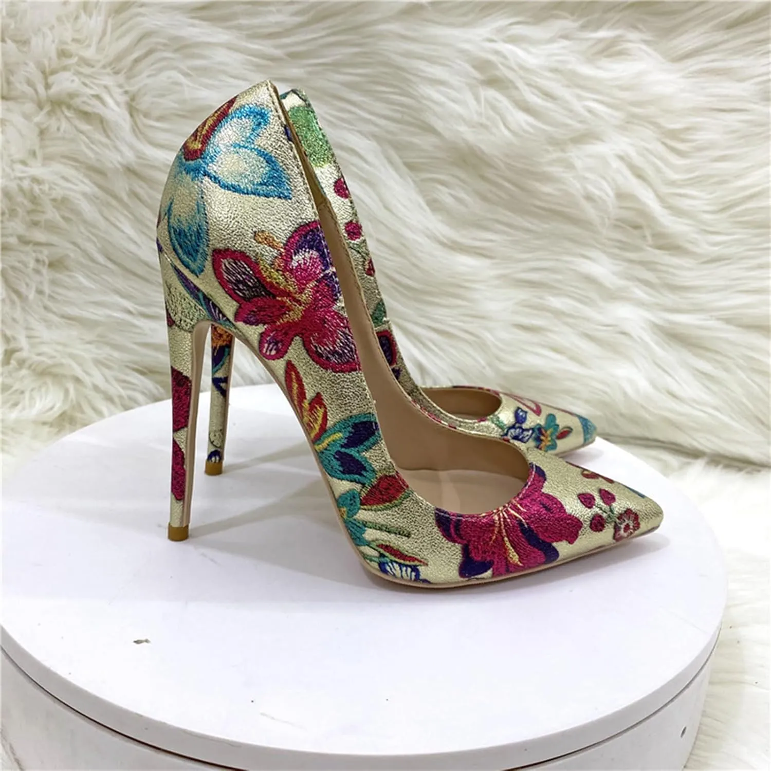 Women's Stiletto Court Shoes 12CM Embroidered Graffiti Elegant Classic Slip-on Pumps Ladies Pointy Closed Toe High Heels Suitable for Banquets