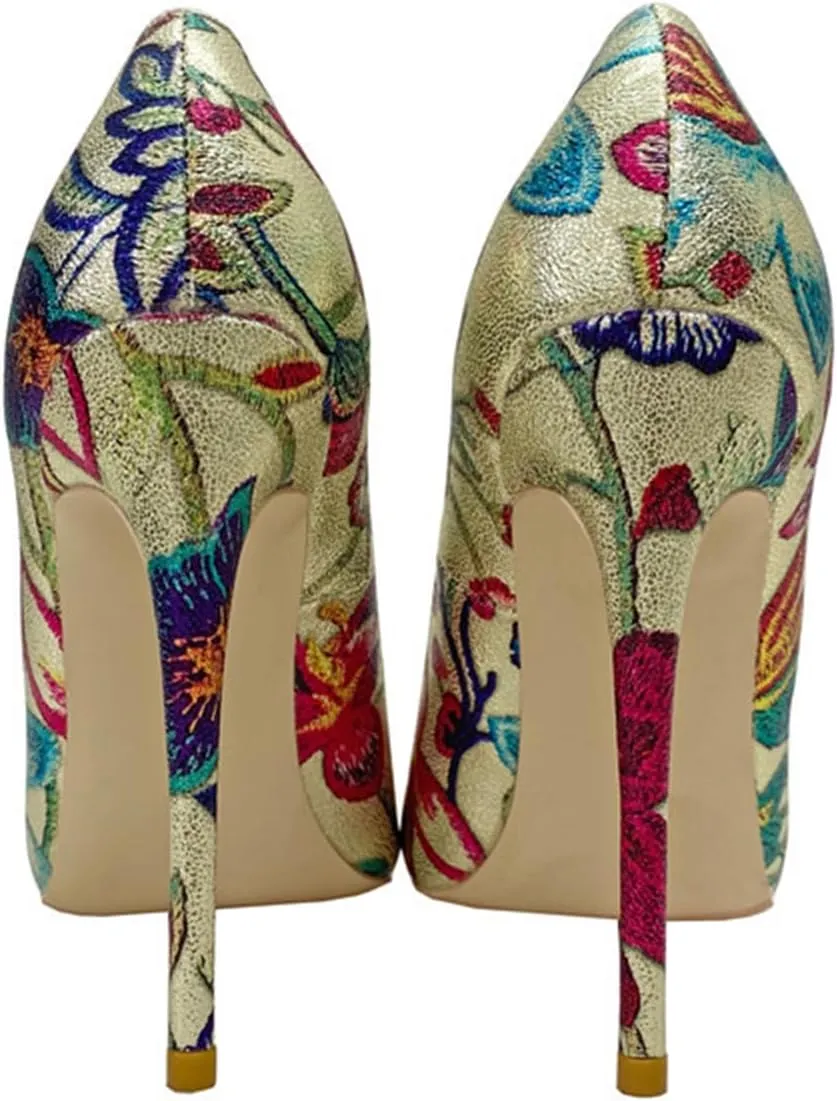 Women's Stiletto Court Shoes 12CM Embroidered Graffiti Elegant Classic Slip-on Pumps Ladies Pointy Closed Toe High Heels Suitable for Banquets