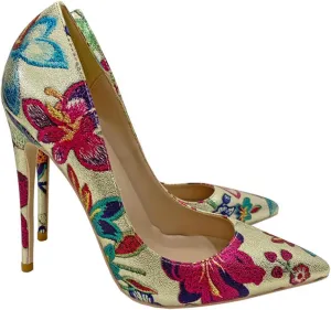 Women's Stiletto Court Shoes 12CM Embroidered Graffiti Elegant Classic Slip-on Pumps Ladies Pointy Closed Toe High Heels Suitable for Banquets