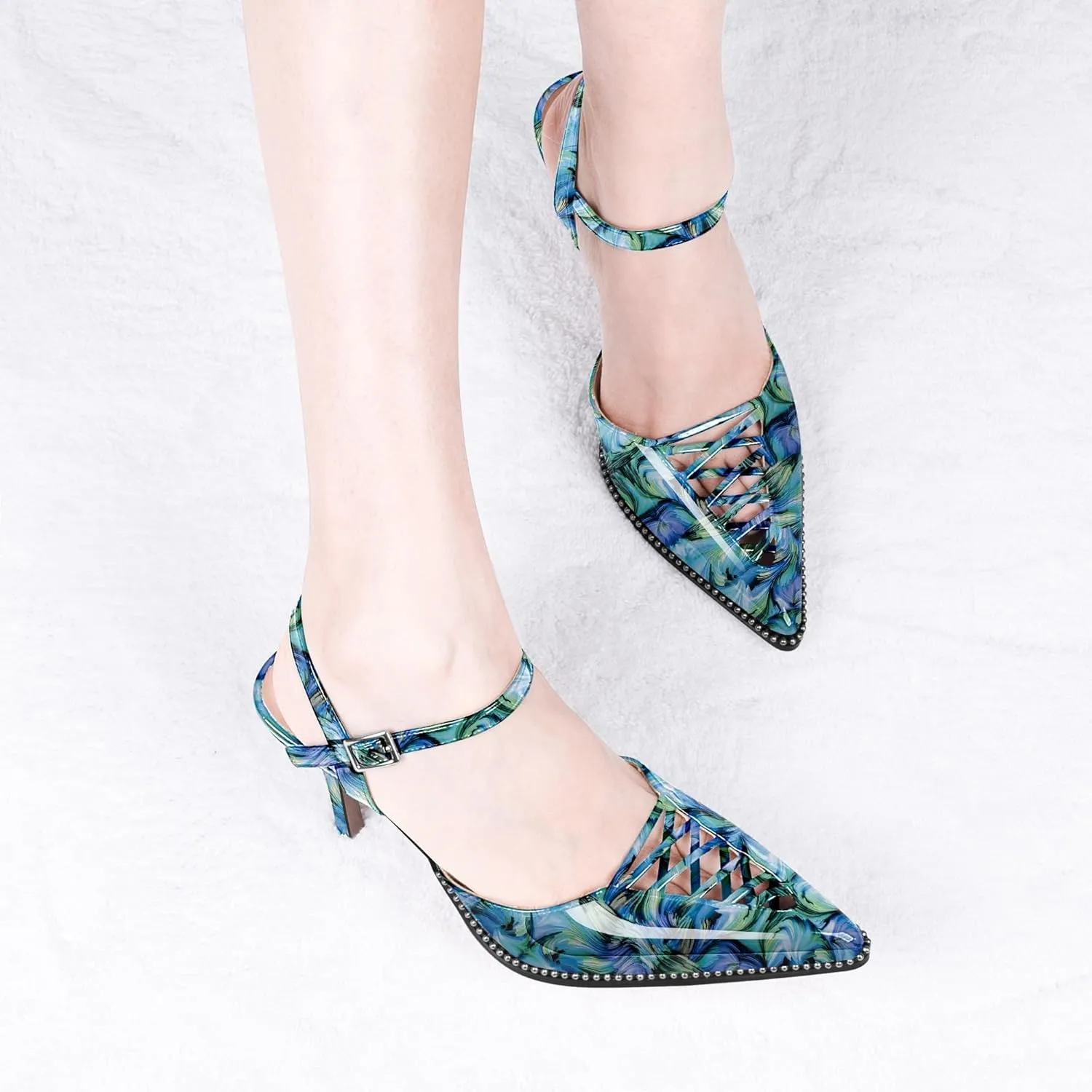 Women's Stilettos High Heel Ankle Strap Pumps Hollow Out Pointed Toe Bead Dress Shoes