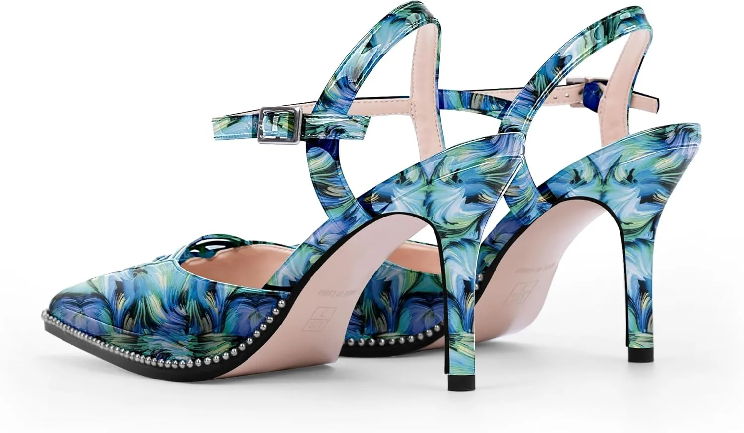 Women's Stilettos High Heel Ankle Strap Pumps Hollow Out Pointed Toe Bead Dress Shoes