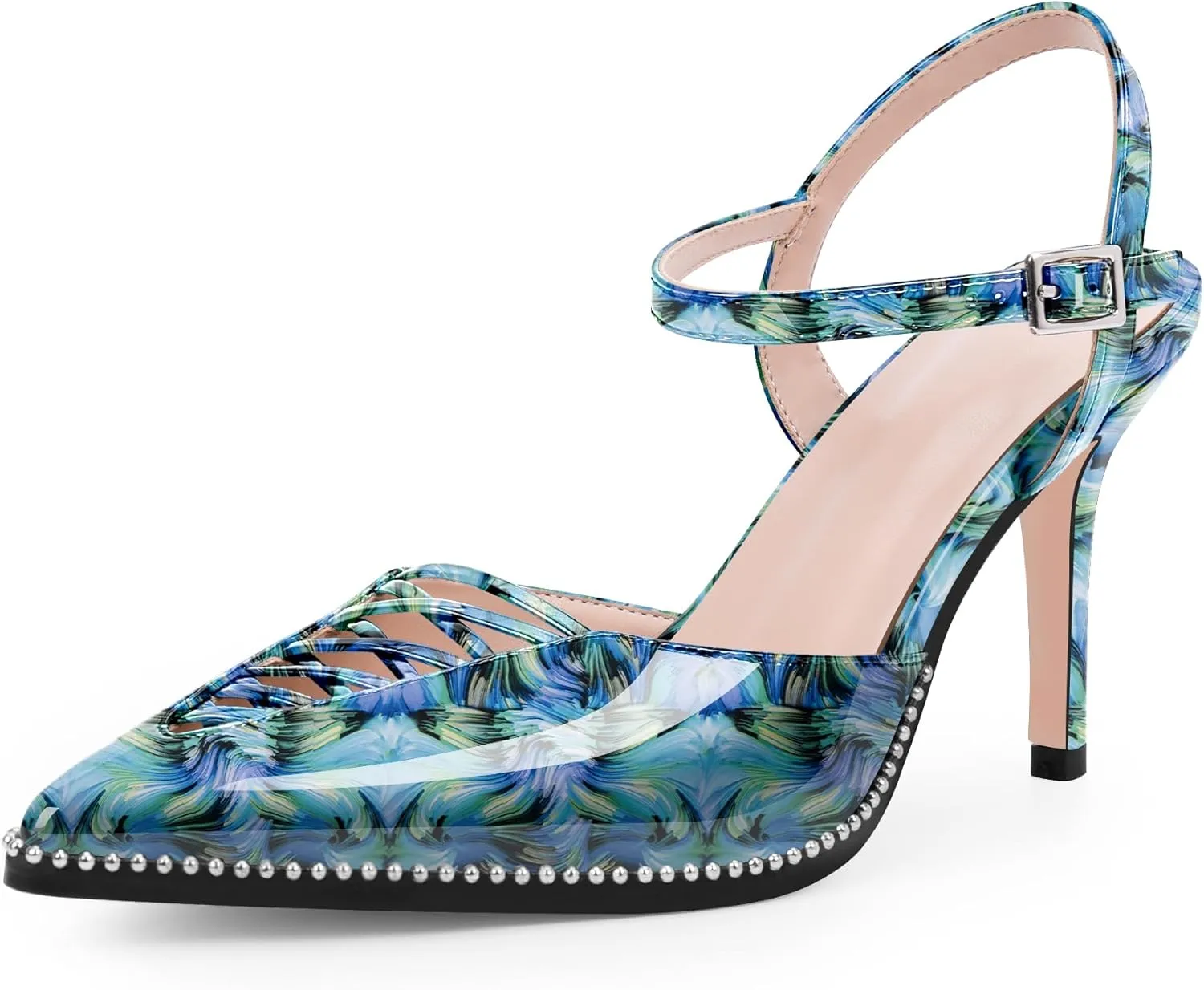 Women's Stilettos High Heel Ankle Strap Pumps Hollow Out Pointed Toe Bead Dress Shoes