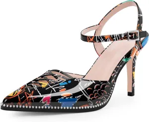 Women's Stilettos High Heel Ankle Strap Pumps Hollow Out Pointed Toe Bead Dress Shoes