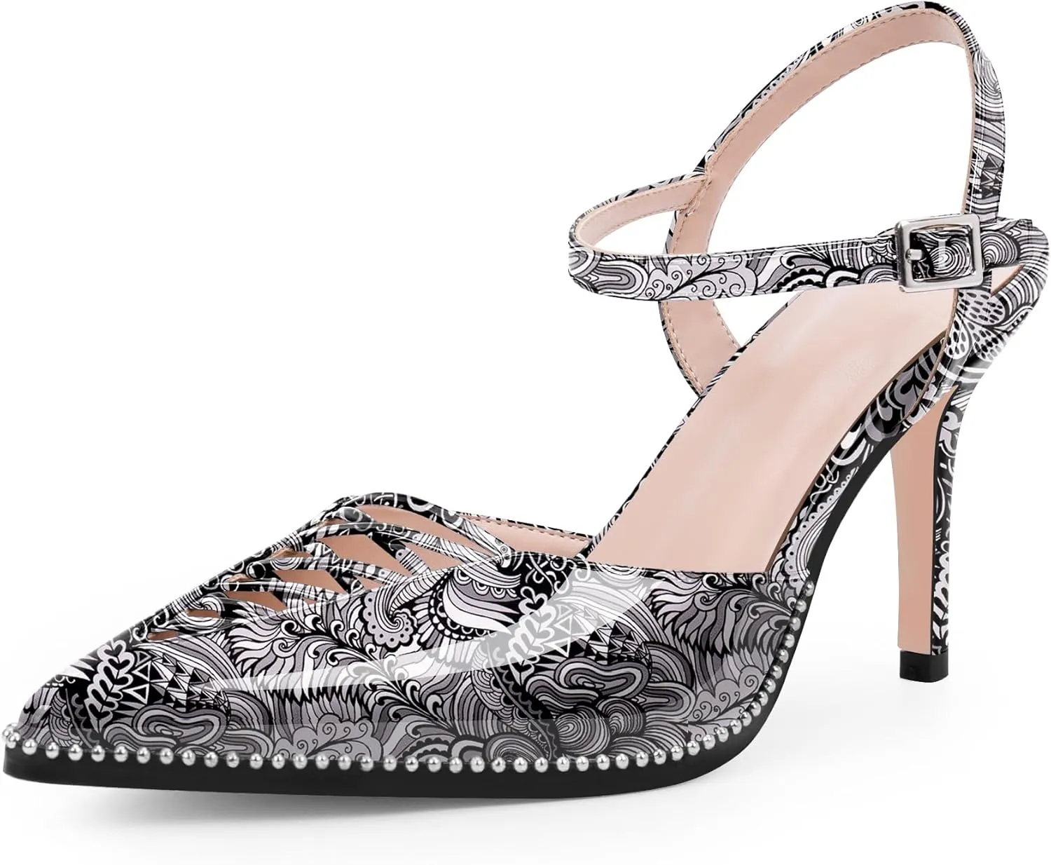 Women's Stilettos High Heel Ankle Strap Pumps Hollow Out Pointed Toe Bead Dress Shoes