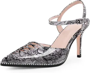 Women's Stilettos High Heel Ankle Strap Pumps Hollow Out Pointed Toe Bead Dress Shoes