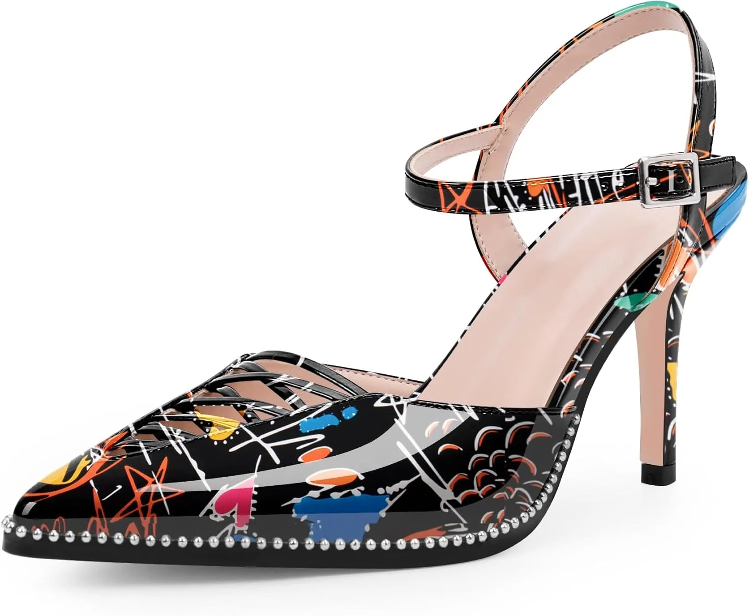 Women's Stilettos High Heel Ankle Strap Pumps Hollow Out Pointed Toe Bead Dress Shoes