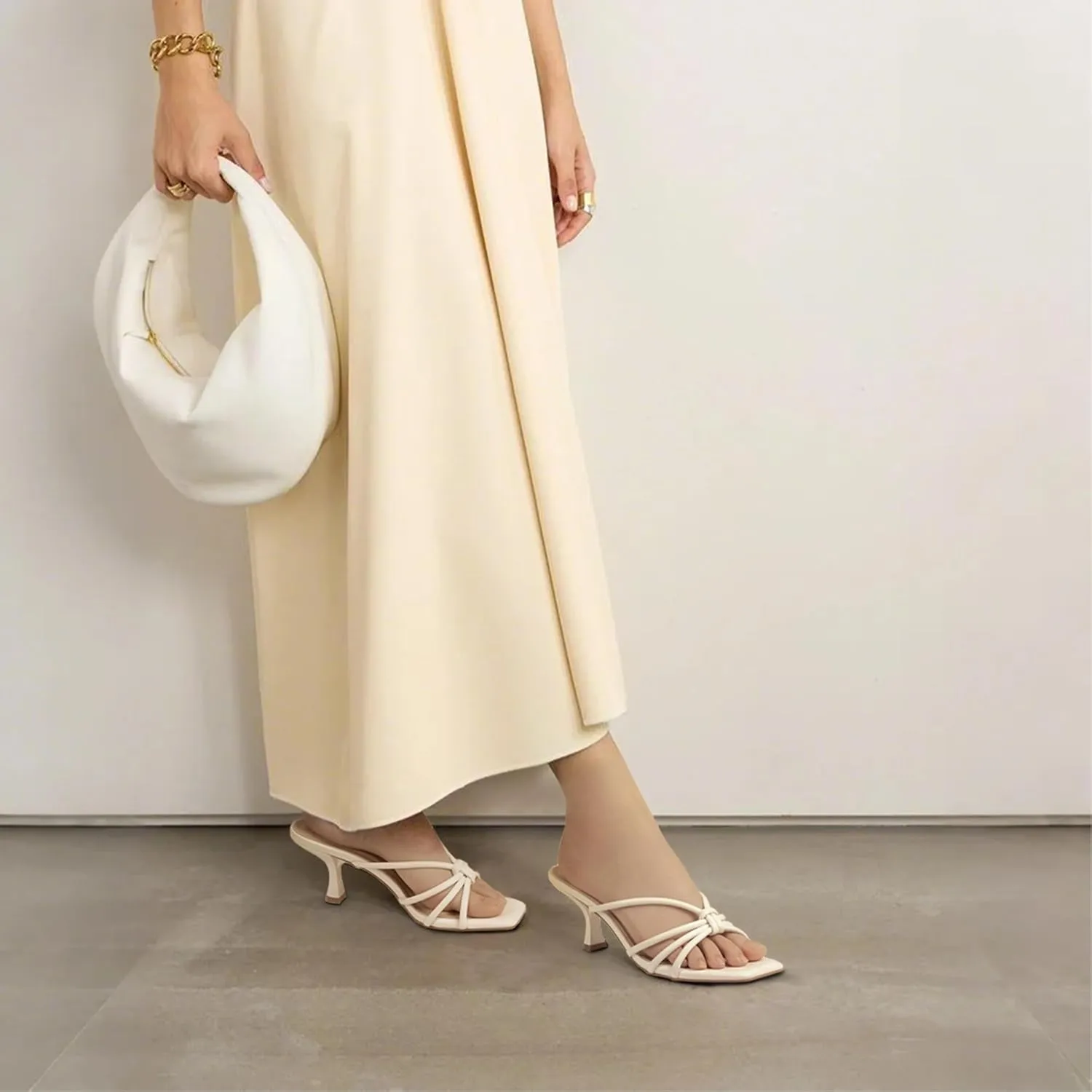 Women's Strappy Square Open Toe Kitten Heels Sandals Knotted Design Summer Fashion Slip On Mule Style