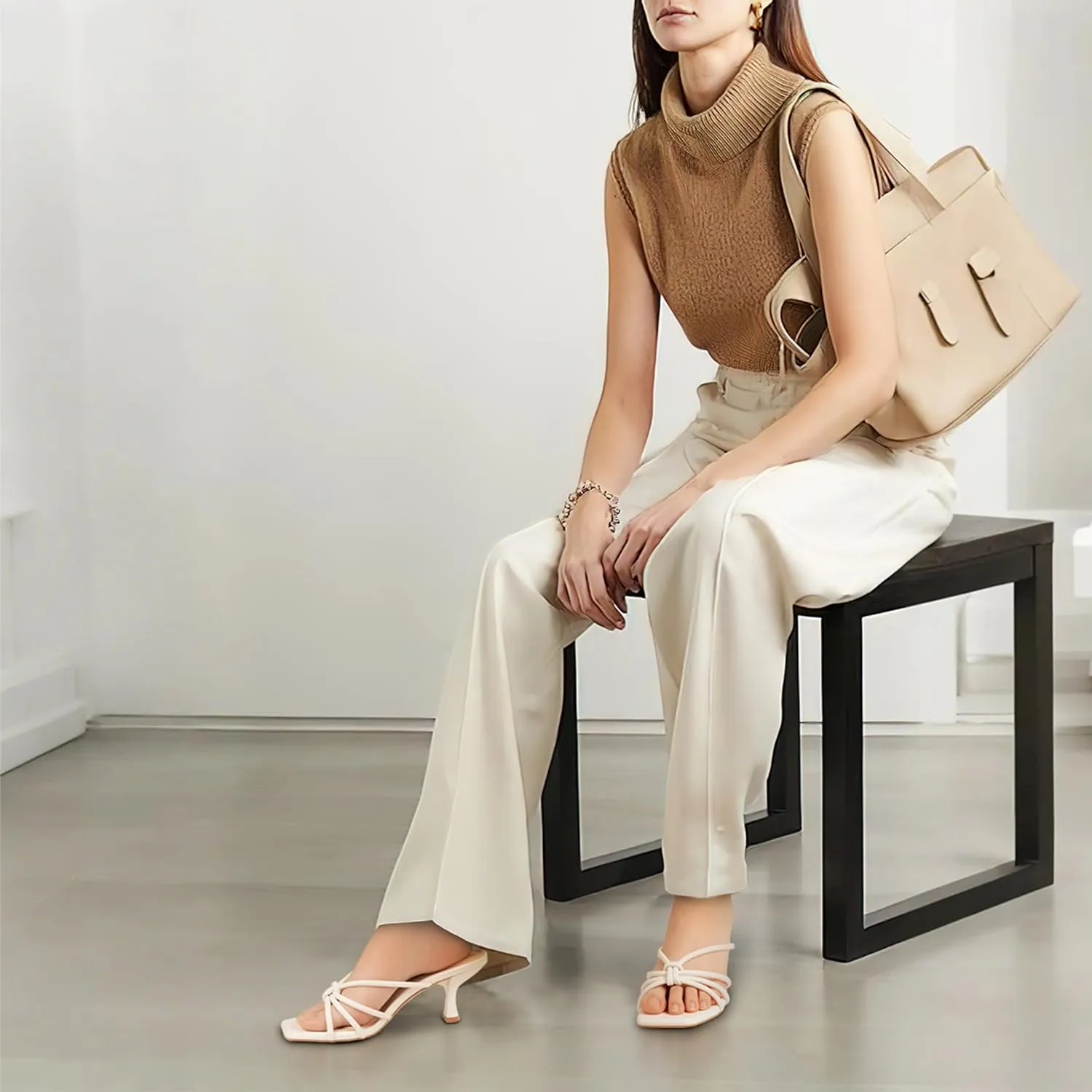 Women's Strappy Square Open Toe Kitten Heels Sandals Knotted Design Summer Fashion Slip On Mule Style