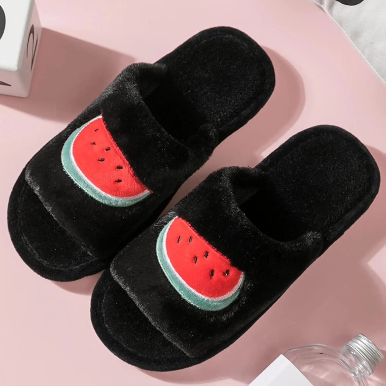Women's Strawberry Slippers Non-Slip Indoor House Shoes Cute Fruit Plush Cozy Open Toe Cotton Bedroom Home Slippers with Memory Foam Lightweight Travel Portable