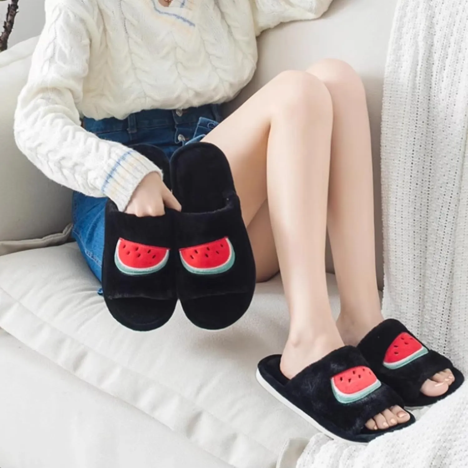 Women's Strawberry Slippers Non-Slip Indoor House Shoes Cute Fruit Plush Cozy Open Toe Cotton Bedroom Home Slippers with Memory Foam Lightweight Travel Portable