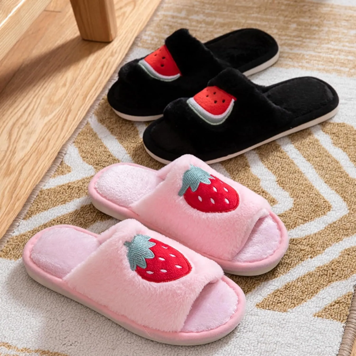 Women's Strawberry Slippers Non-Slip Indoor House Shoes Cute Fruit Plush Cozy Open Toe Cotton Bedroom Home Slippers with Memory Foam Lightweight Travel Portable