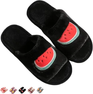 Women's Strawberry Slippers Non-Slip Indoor House Shoes Cute Fruit Plush Cozy Open Toe Cotton Bedroom Home Slippers with Memory Foam Lightweight Travel Portable