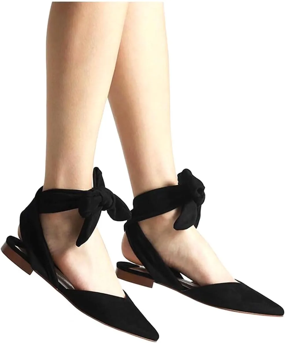 Women’s Suede Closed Pointed Toe Flats Elegant Wrap Around Ankle Strap Lace Up Ballet Shoes Low Heel Slingback Dress Wedding Party Sandals