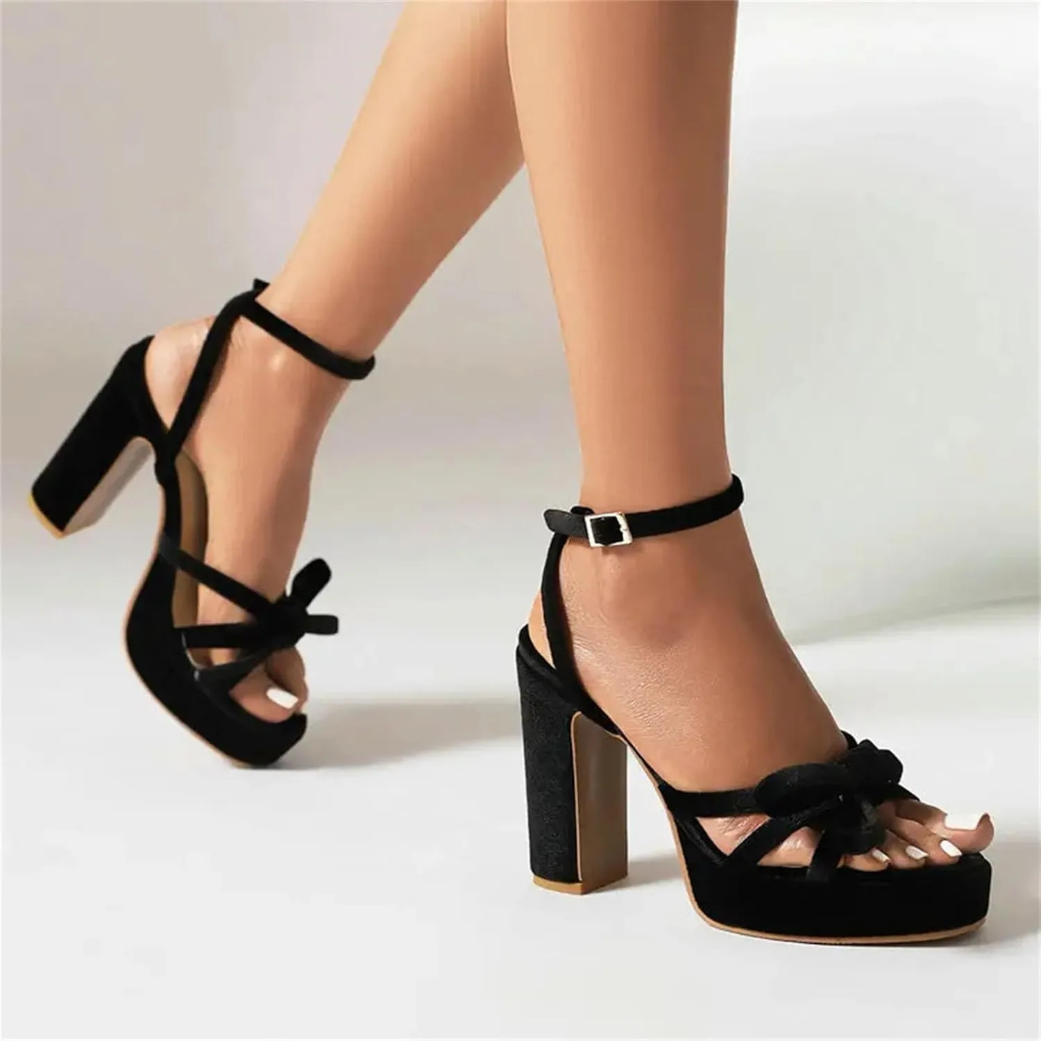 Women's Velvet Platform Sandals, Burgundy Ankle Wrap Thick Heel Party