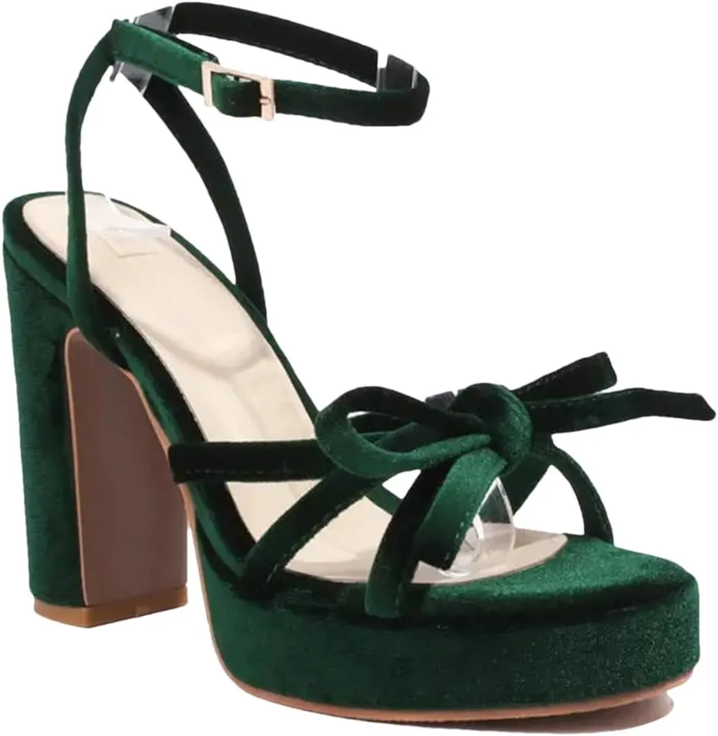 Women's Velvet Platform Sandals, Burgundy Ankle Wrap Thick Heel Party