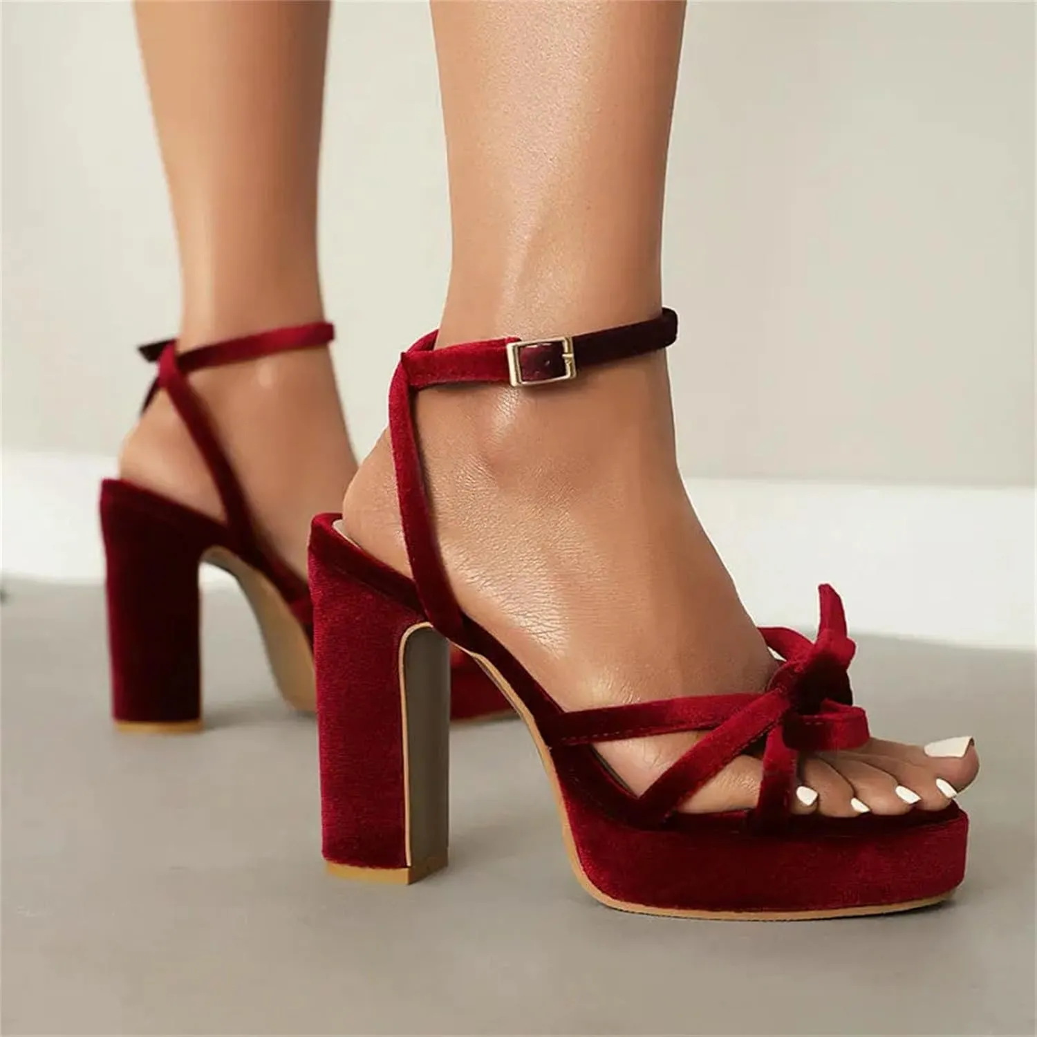 Women's Velvet Platform Sandals, Burgundy Ankle Wrap Thick Heel Party