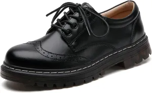 Women's Vintage Oxford Shoe,Perforated Lace-up Round Toe Leather Low Heel Brogues Shoe for Girls Ladies Women