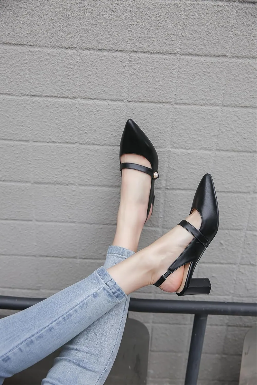 Women's Work Business Vintage Fashion Penny Slingback Pearl Adjustable Buckle Block Mid Heels Closed Pointed Toe Office Dress Pumps Comfort Party Dating Wedding Daily Wear Ladies Shoes