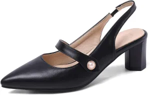 Women's Work Business Vintage Fashion Penny Slingback Pearl Adjustable Buckle Block Mid Heels Closed Pointed Toe Office Dress Pumps Comfort Party Dating Wedding Daily Wear Ladies Shoes