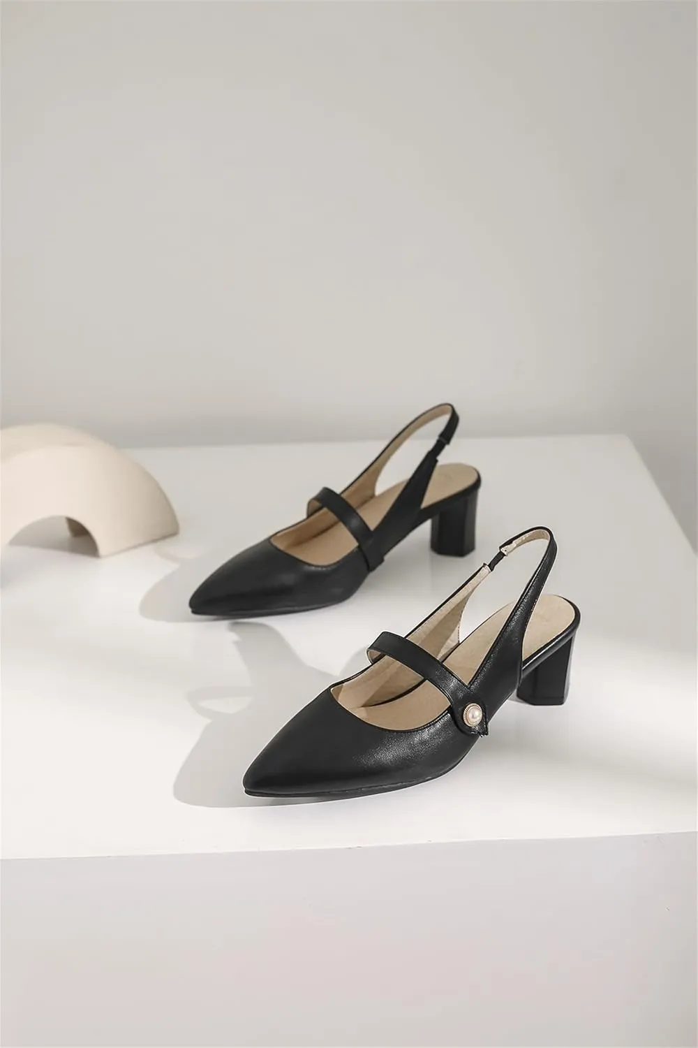 Women's Work Business Vintage Fashion Penny Slingback Pearl Adjustable Buckle Block Mid Heels Closed Pointed Toe Office Dress Pumps Comfort Party Dating Wedding Daily Wear Ladies Shoes