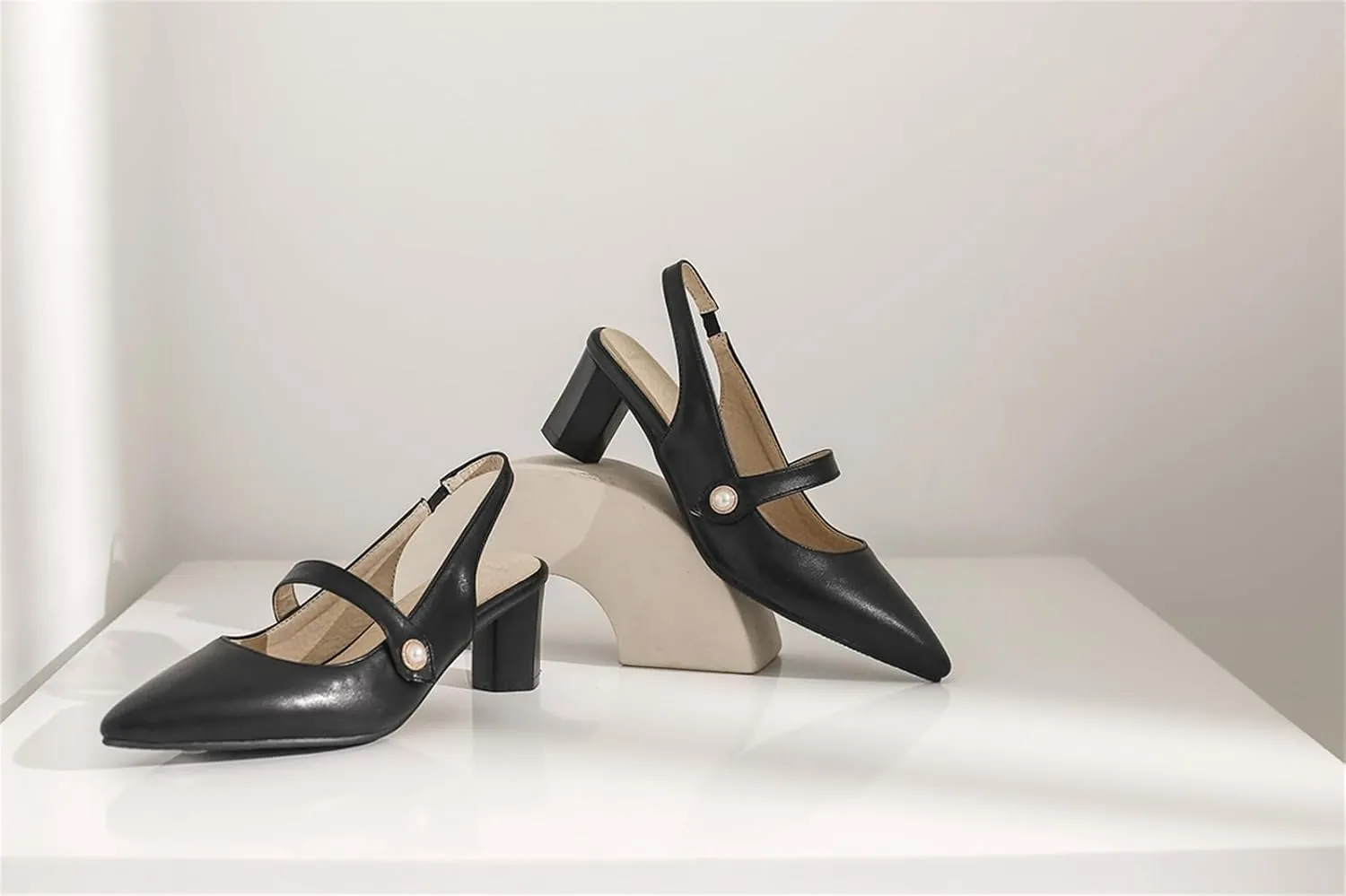 Women's Work Business Vintage Fashion Penny Slingback Pearl Adjustable Buckle Block Mid Heels Closed Pointed Toe Office Dress Pumps Comfort Party Dating Wedding Daily Wear Ladies Shoes