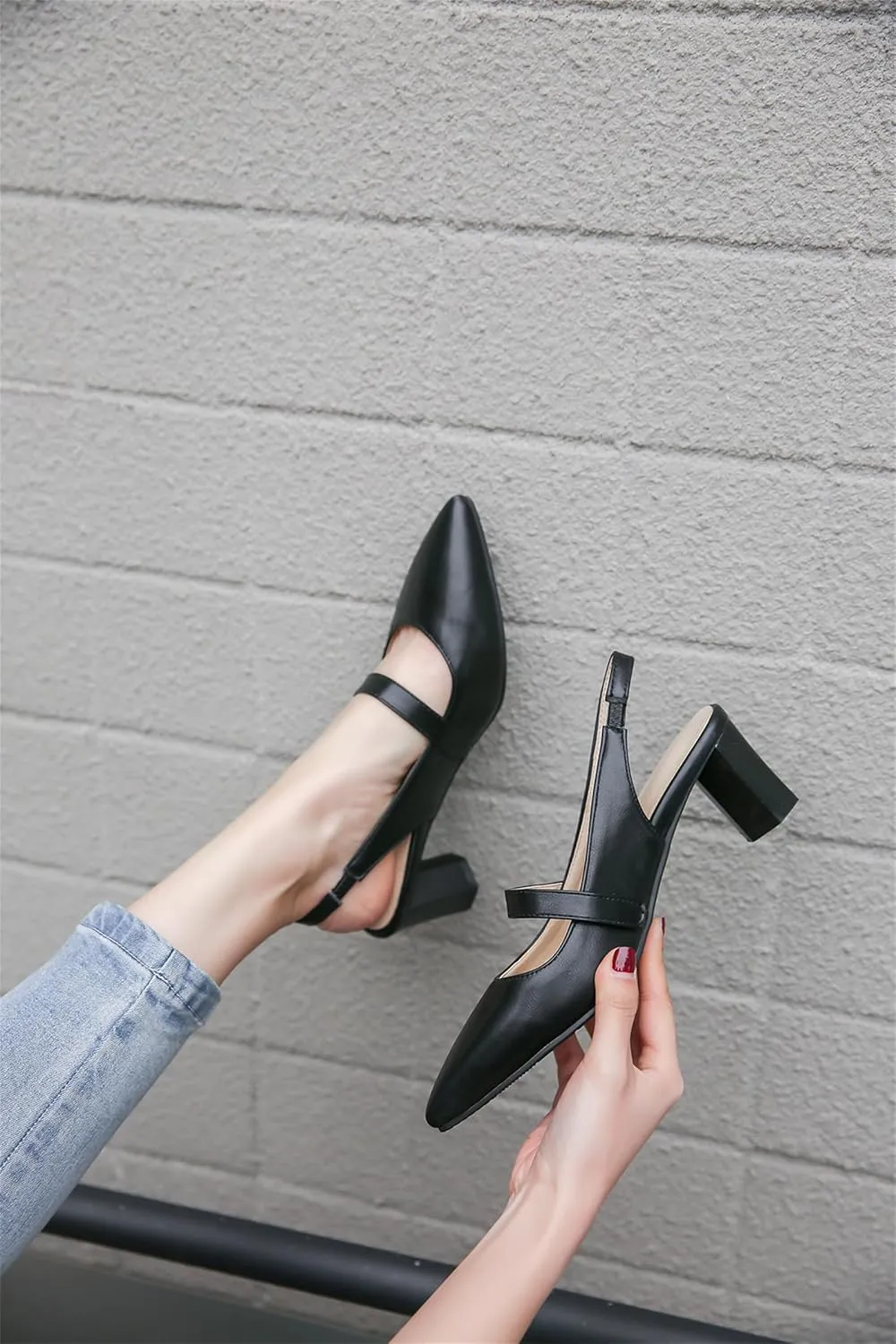 Women's Work Business Vintage Fashion Penny Slingback Pearl Adjustable Buckle Block Mid Heels Closed Pointed Toe Office Dress Pumps Comfort Party Dating Wedding Daily Wear Ladies Shoes