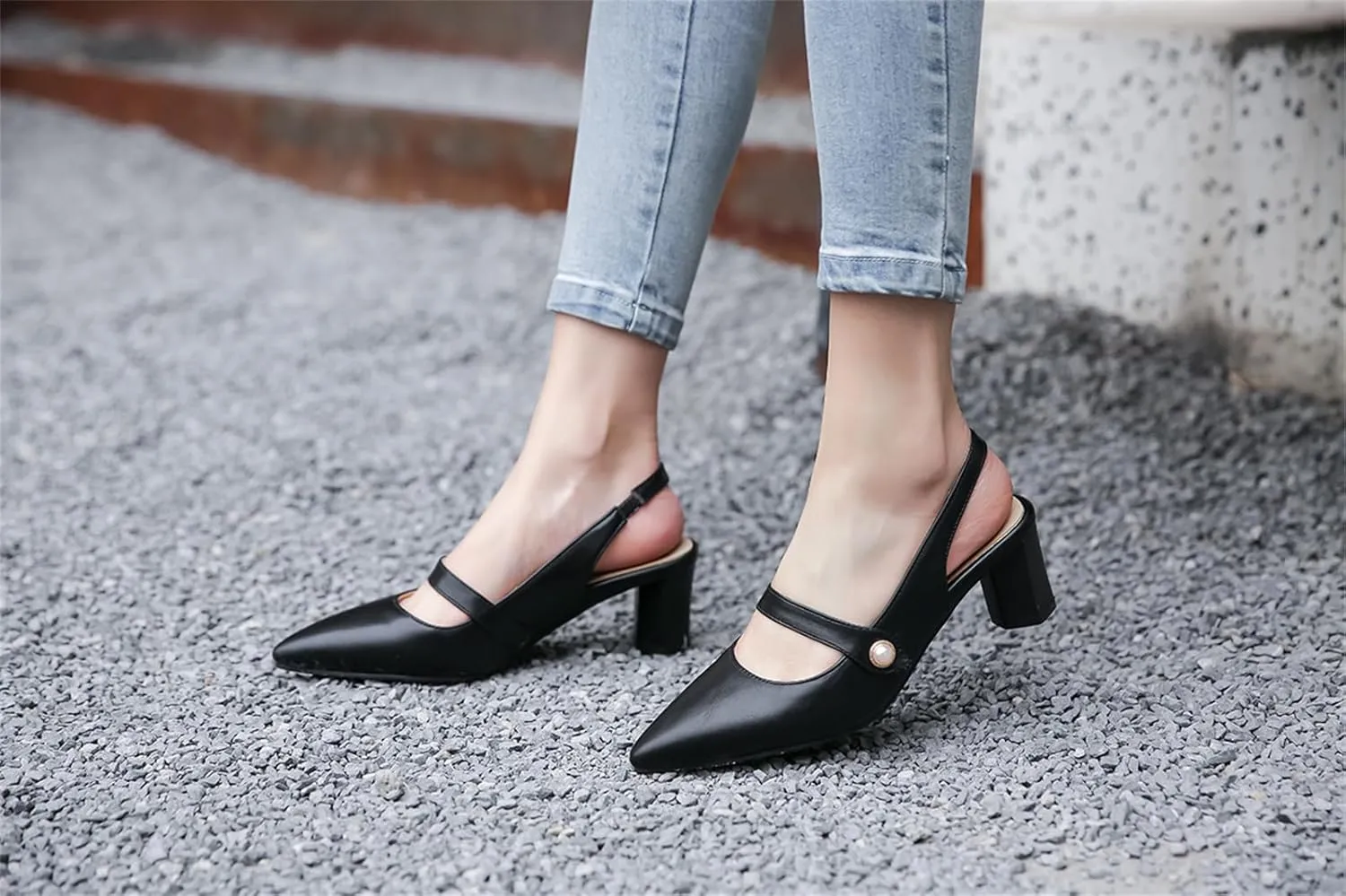 Women's Work Business Vintage Fashion Penny Slingback Pearl Adjustable Buckle Block Mid Heels Closed Pointed Toe Office Dress Pumps Comfort Party Dating Wedding Daily Wear Ladies Shoes
