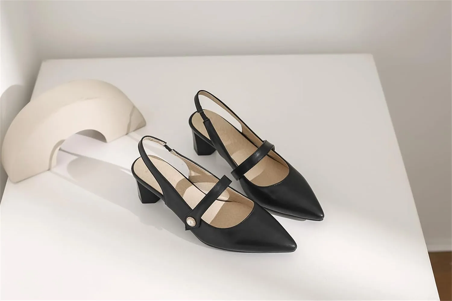 Women's Work Business Vintage Fashion Penny Slingback Pearl Adjustable Buckle Block Mid Heels Closed Pointed Toe Office Dress Pumps Comfort Party Dating Wedding Daily Wear Ladies Shoes