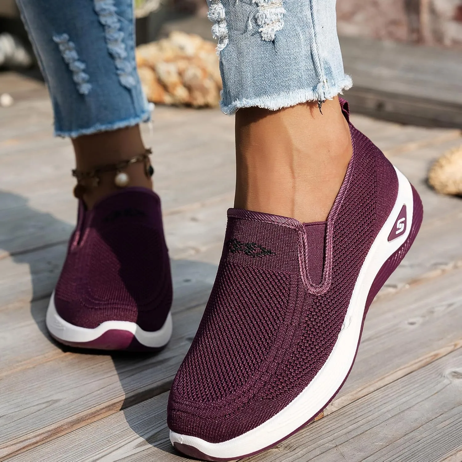 Women's Woven Orthopedic Breathable Soft Shoes Go Walk Slip on Shoes Diabetic Foam Shoes Hands Free Slip on Sneakers with Arch Support for Women