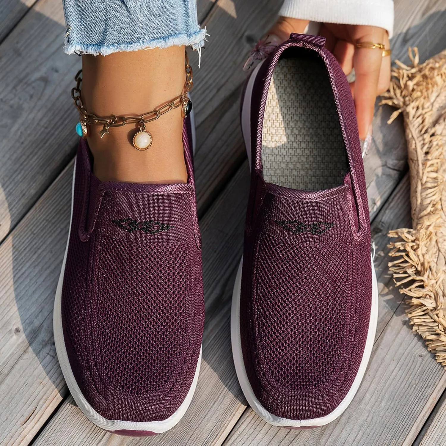 Women's Woven Orthopedic Breathable Soft Shoes Go Walk Slip on Shoes Diabetic Foam Shoes Hands Free Slip on Sneakers with Arch Support for Women