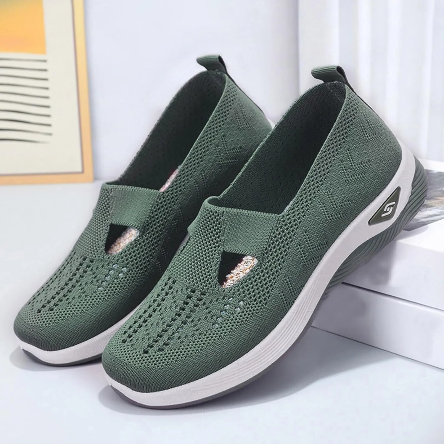 Women's Woven Orthopedic Breathable Soft Shoes Go Walking Arch Support Slip on Diabetic Foam Shoes Slip in Sneakers