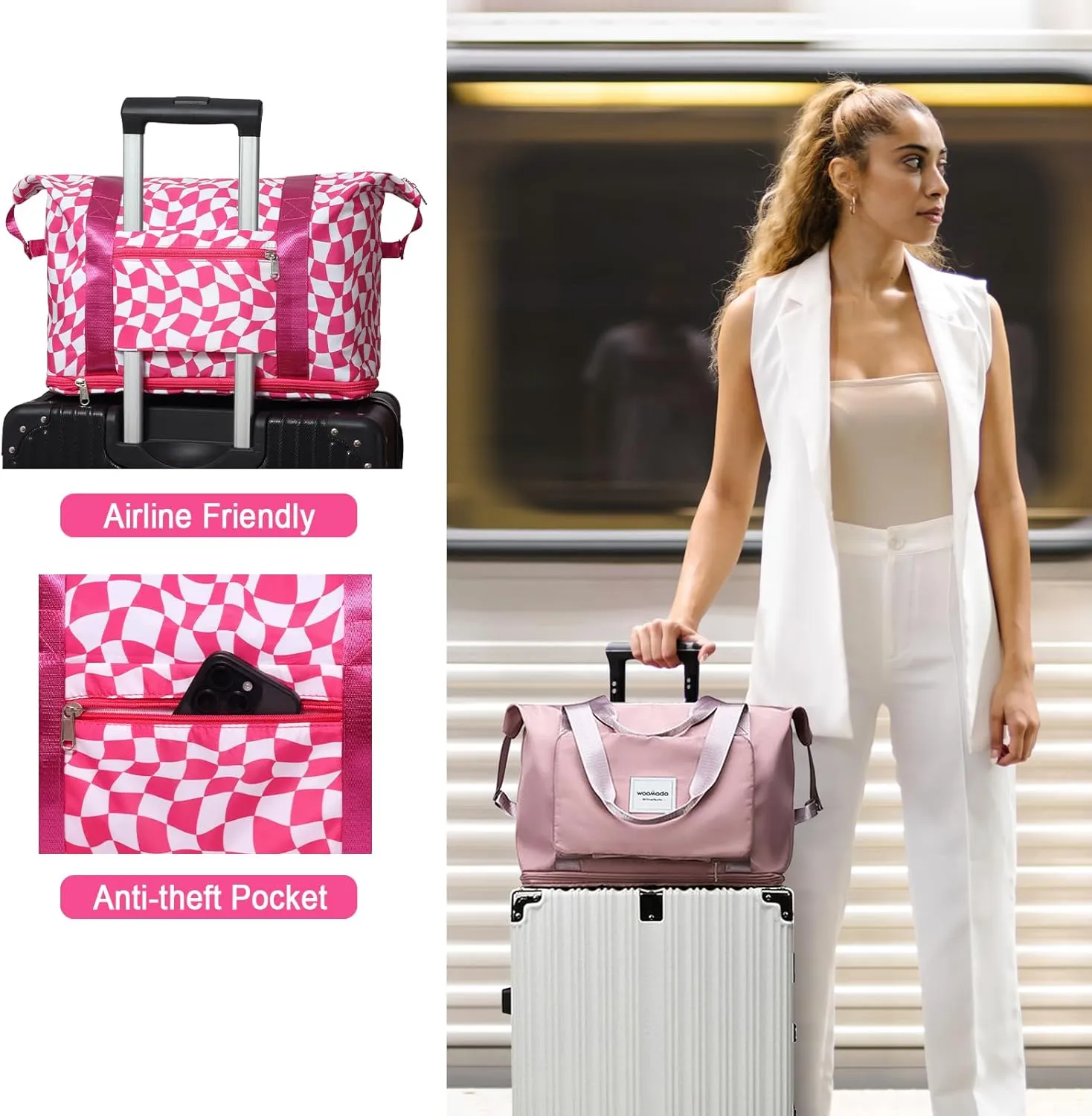 WOOMADA Foldable Travel Duffel, Weekender & Carry-On Bag with Expandable Space